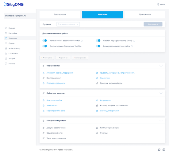Настройка блокировки ресурсов в панели управления SkyDNS Настройка блокировки ресурсов в панели управления SkyDNS