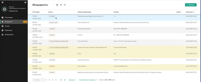 Пример перечня инцидентов, зарегистрированных в Kaspersky MDR