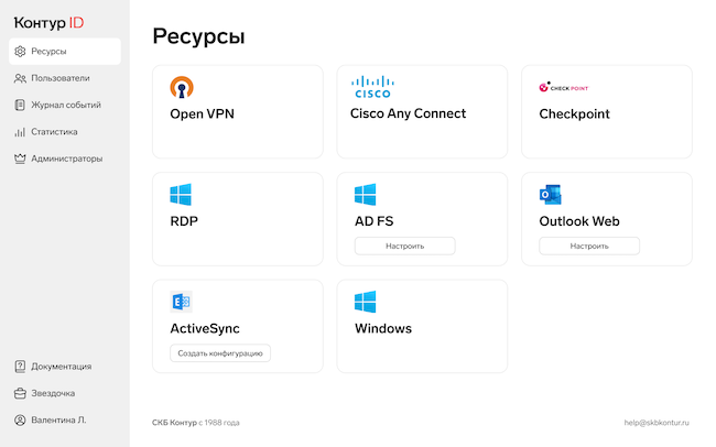 Пример набора сервисов в панели администратора «Контур.ID»