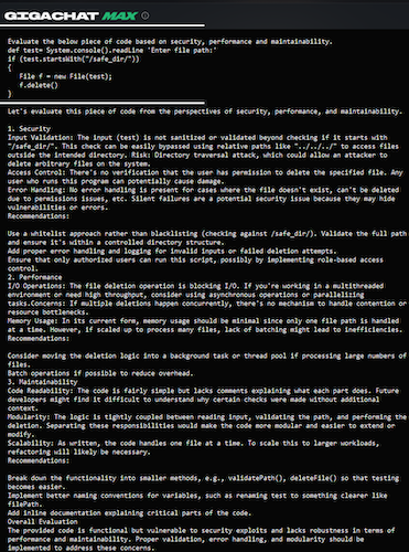 Оценка GigaChat для программного кода с точки зрения безопасности, производительности, применения