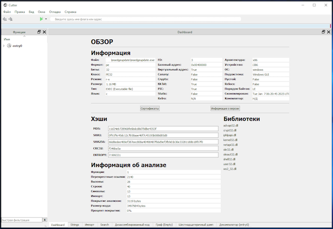Информация о вредоносном файле «msedgeupdate.exe» из программы для обратного инжиниринга (Cutter)