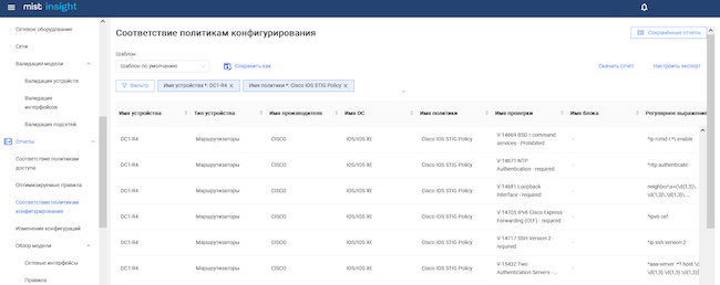 Отчёт о соответствии политикам конфигурирования всех устройств в MIST Insight