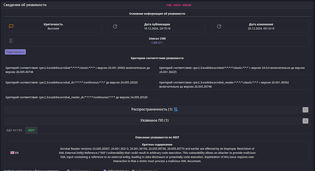 Страница уязвимости с информацией о её распространённости по организациям и экземплярам ПО