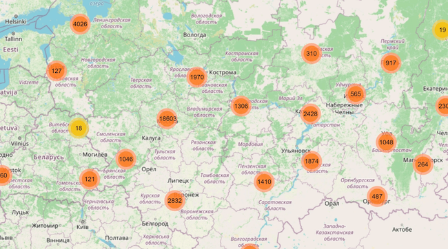 Визуализированная карта 58 000 адресов из утечки данных «Яндекс.Еды». Источник: «Тинькофф Журнал»