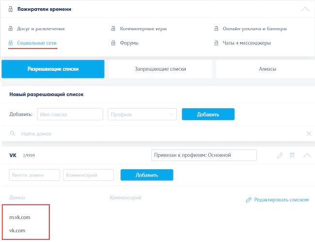 Блокировка категории «Социальные сети» и добавление доменного имени «vk.com» в разрешающий список