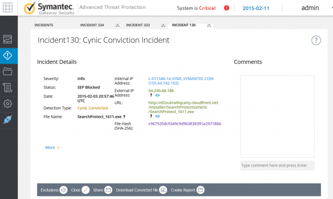 Информация об инциденте Symantec Advanced Threat Protection